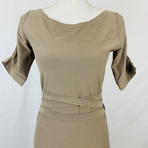 Tehen France Sheath Dress Tan Boat Neck Career Polished 1/4 Sleeves Size Medium - Picture 4 of 8